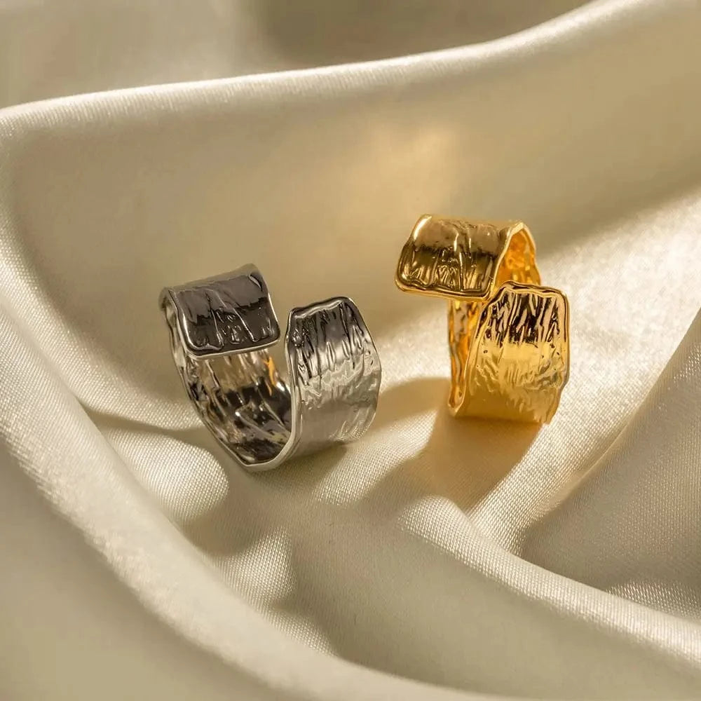 R1964 Geometric Jewelry Gold Silver Plated Stainless Steel Wide Texture Pleated Open Ring for Girls