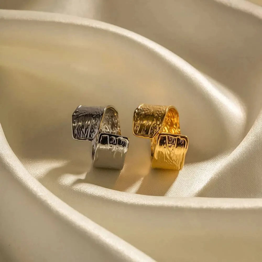 R1964 Geometric Jewelry Gold Silver Plated Stainless Steel Wide Texture Pleated Open Ring for Girls