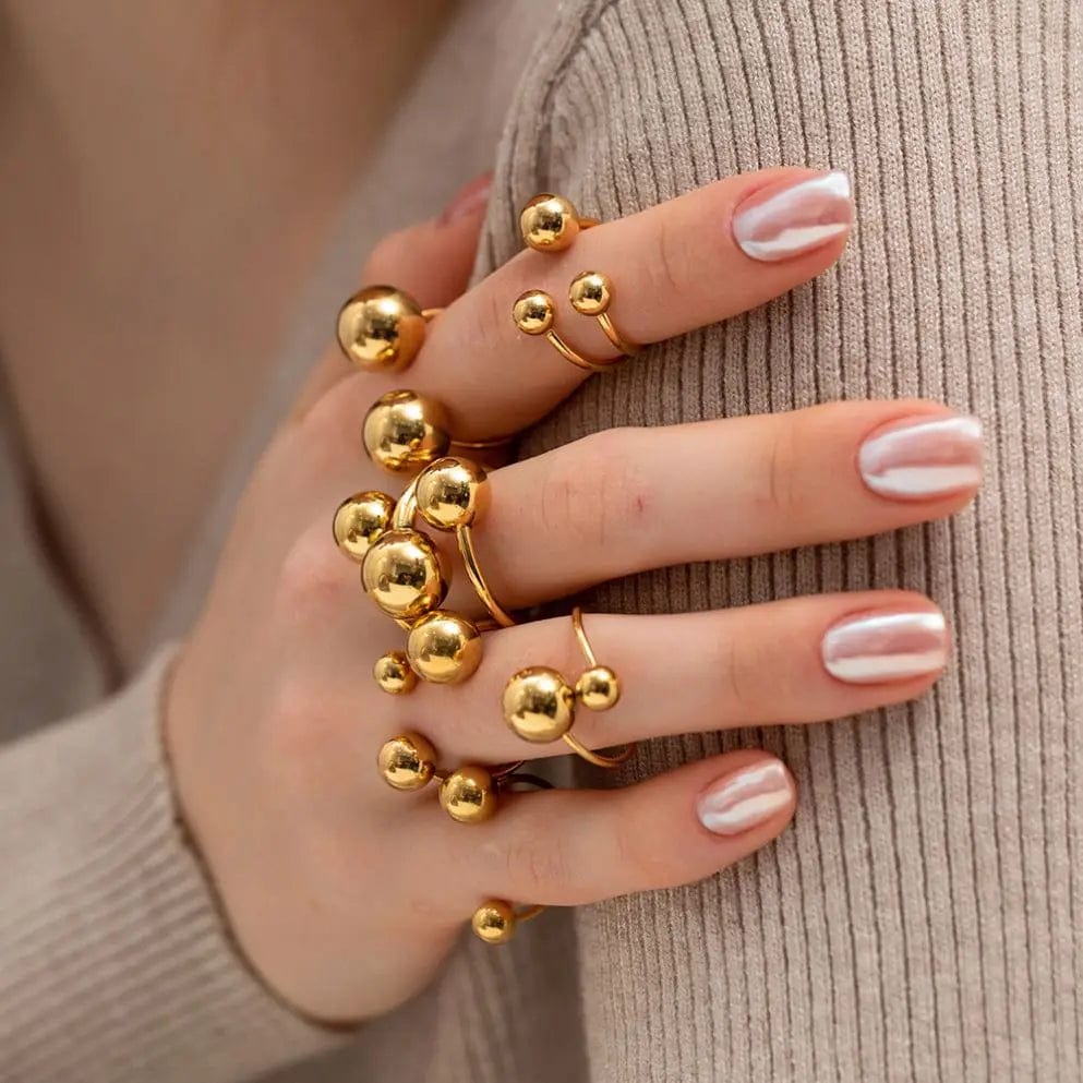 R1983 Minimalist 18K Gold Plated Statement Bead Ring Women Sporty Stainless Steel Ball Layer Ring