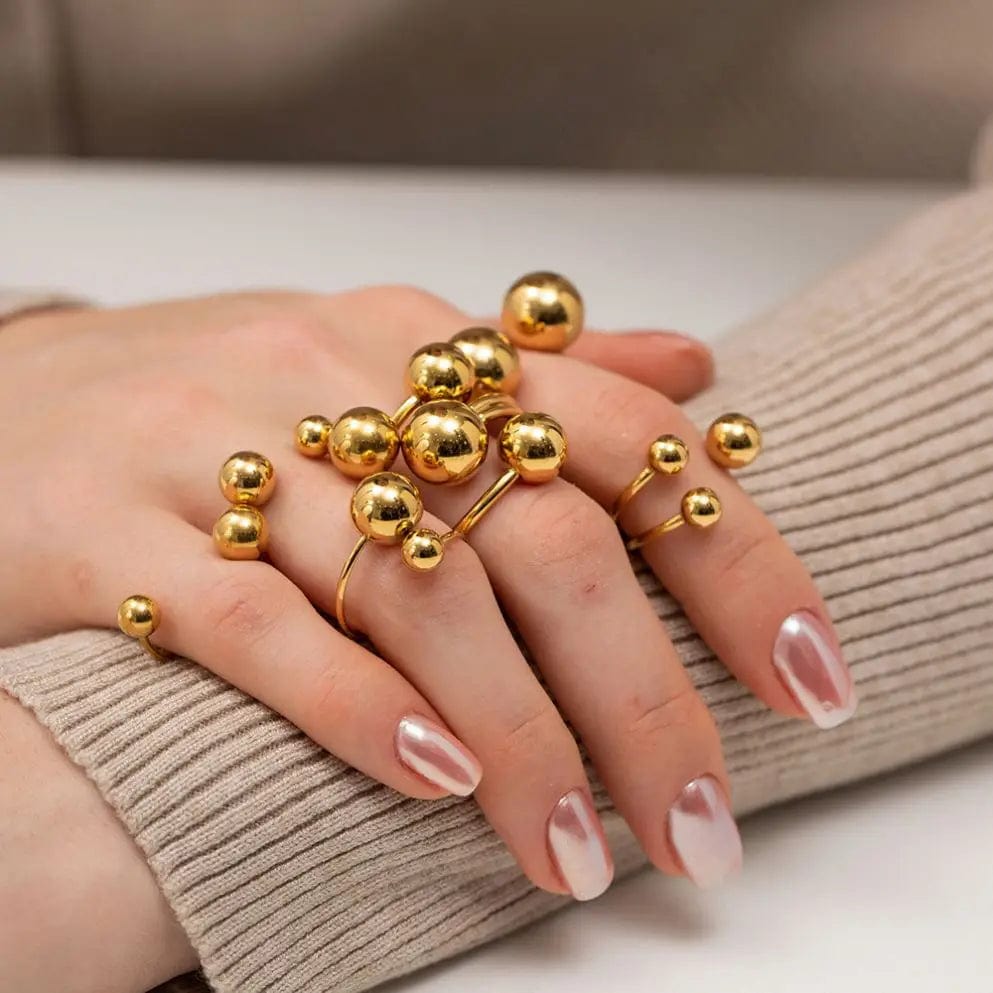 R1983 Minimalist 18K Gold Plated Statement Bead Ring Women Sporty Stainless Steel Ball Layer Ring