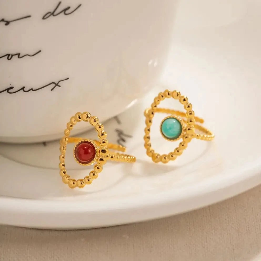 R1988 Exaggerated Stainless Steel 18K Gold Plated Opening Jewelry Nature Stone Oval Bead Chain Hollow Rings