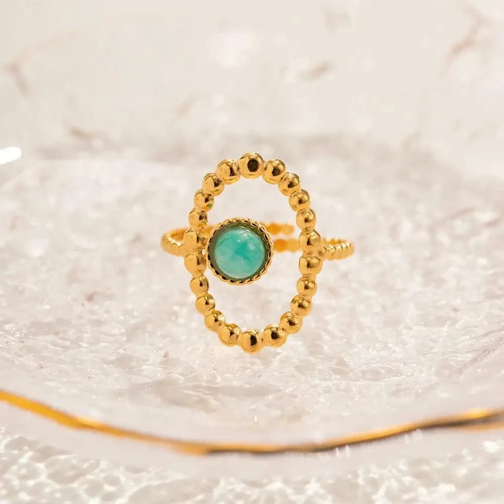 R1988 Exaggerated Stainless Steel 18K Gold Plated Opening Jewelry Nature Stone Oval Bead Chain Hollow Rings