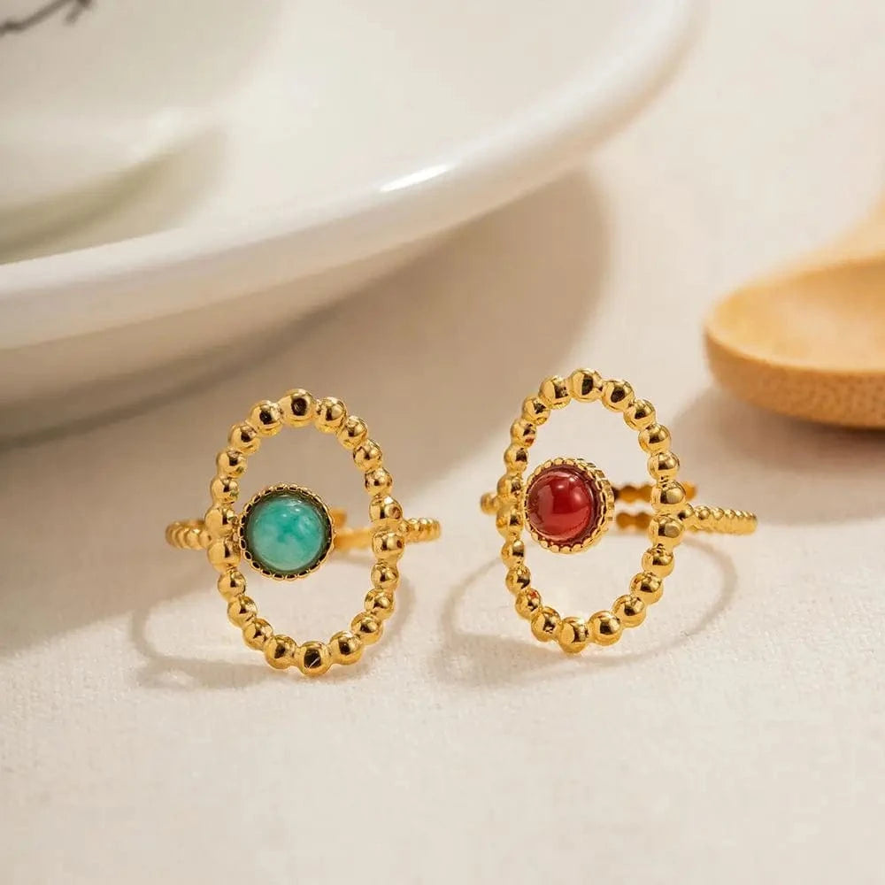 R1988 Exaggerated Stainless Steel 18K Gold Plated Opening Jewelry Nature Stone Oval Bead Chain Hollow Rings