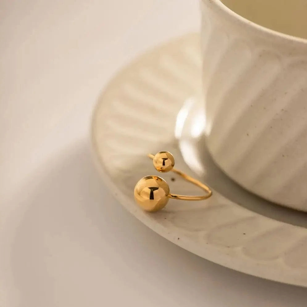 R2014 Minimalist 18K Gold IP Plating Punk Bead Ring Women Stainless Steel Small Ball Open Ring