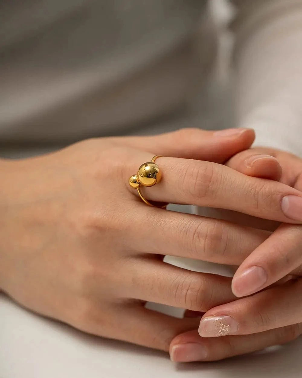 R2014 Minimalist 18K Gold IP Plating Punk Bead Ring Women Stainless Steel Small Ball Open Ring