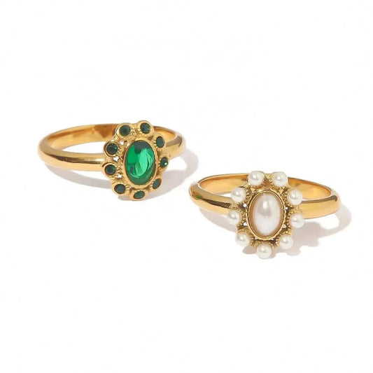 R2015 White Pearl Shiny Cubic Zircon SunFlower Ins Fashion 18K PVD Gold Plated Stainless Steel Stacking Ring