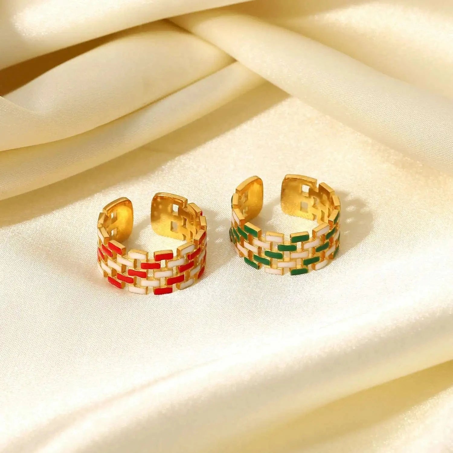 R2079 Wide Band Stainless Steel 18k Gold  Open Spaced Oil Drop Woven Zip Chain Enamel Rings
