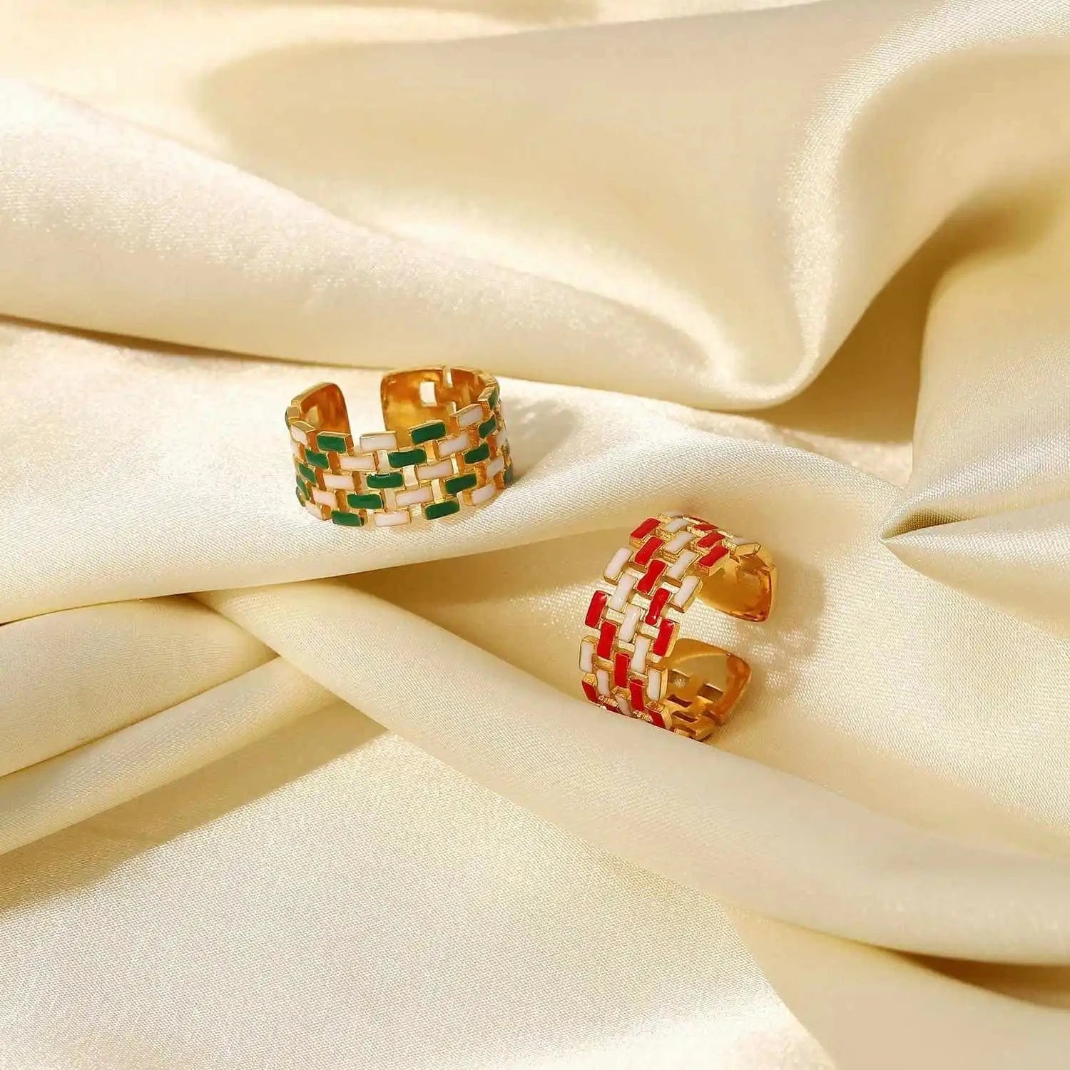 R2079 Wide Band Stainless Steel 18k Gold  Open Spaced Oil Drop Woven Zip Chain Enamel Rings