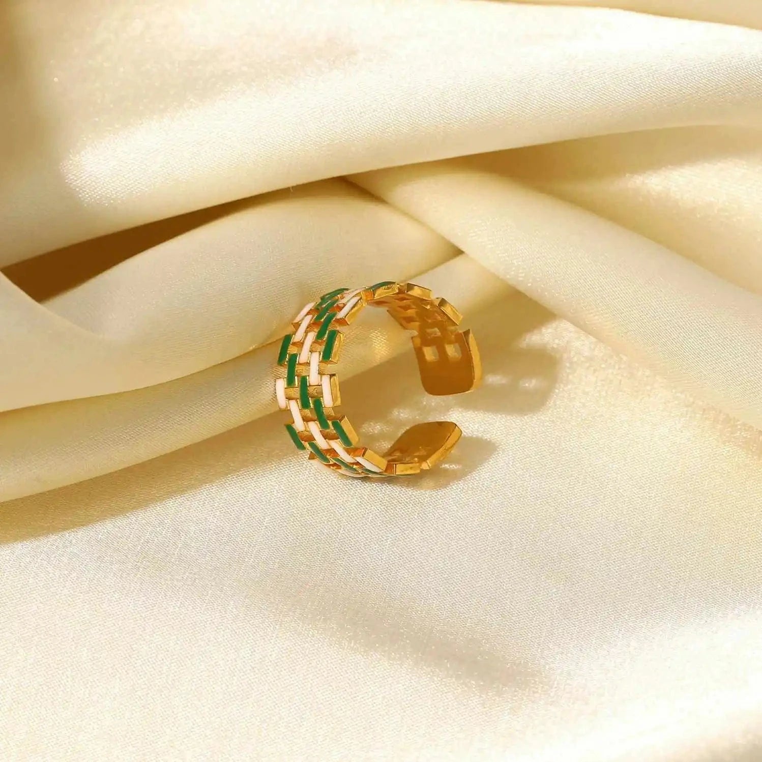 R2079 Wide Band Stainless Steel 18k Gold  Open Spaced Oil Drop Woven Zip Chain Enamel Rings