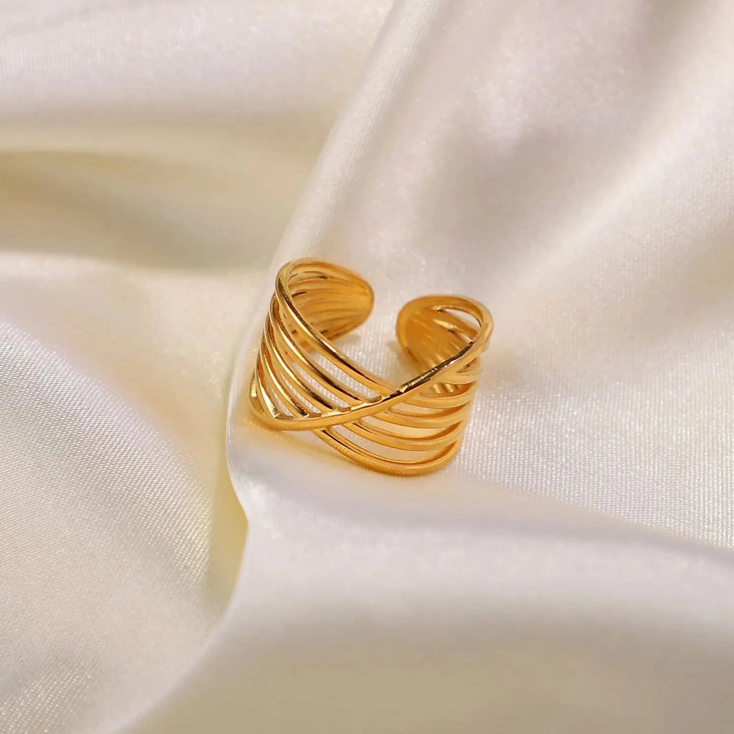 R2117 R2117 Bagues PVD Gold Plated Stainless Steel Multi Layer Geometric Cross Open Adjustable Rings