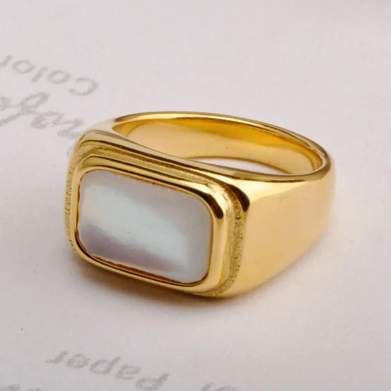 R2164 Punk Gold Plated Stainless Steel Rectangle Shell Finger Rings Titanium Steel White Shell Ring For Women