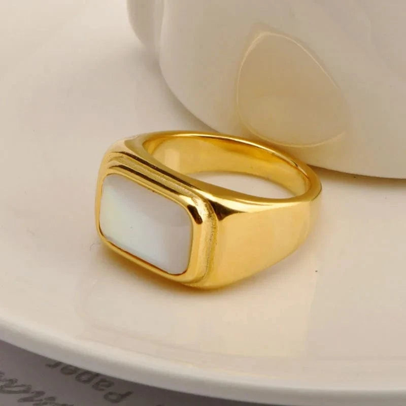 R2164 Punk Gold Plated Stainless Steel Rectangle Shell Finger Rings Titanium Steel White Shell Ring For Women