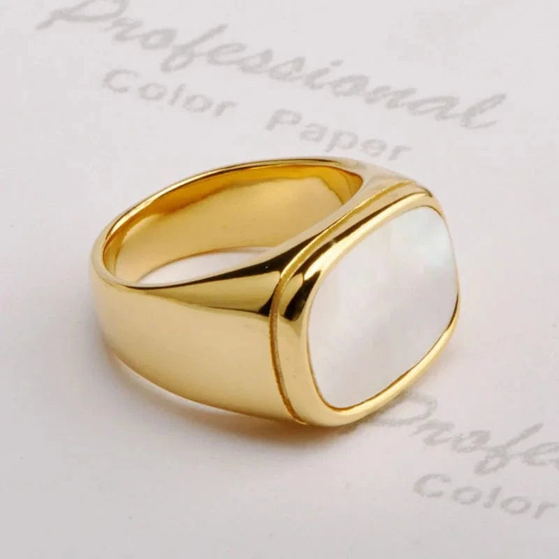 R2164 Punk Gold Plated Stainless Steel Rectangle Shell Finger Rings Titanium Steel White Shell Ring For Women