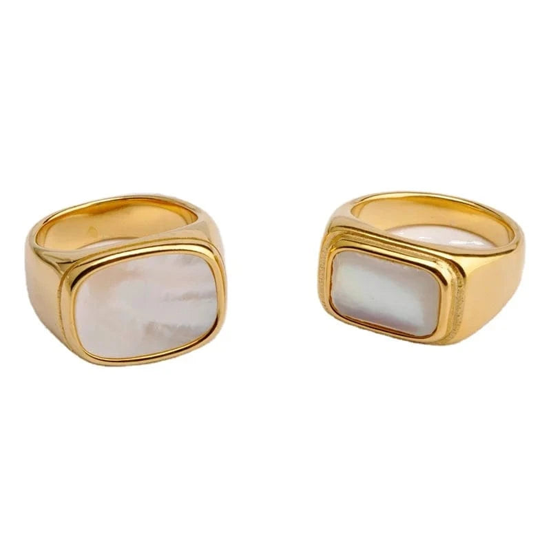 R2164 Punk Gold Plated Stainless Steel Rectangle Shell Finger Rings Titanium Steel White Shell Ring For Women