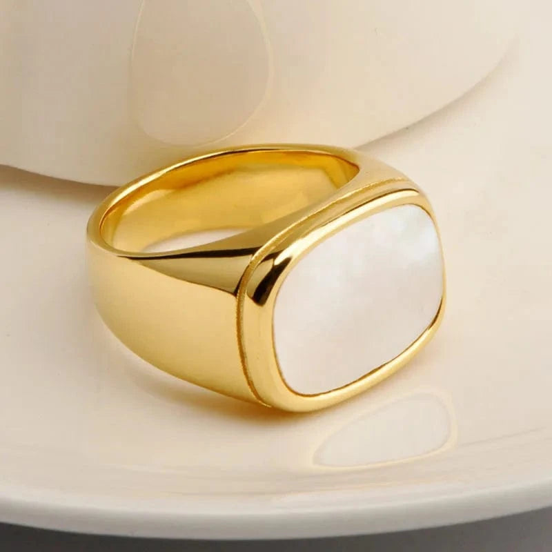 R2164 Punk Gold Plated Stainless Steel Rectangle Shell Finger Rings Titanium Steel White Shell Ring For Women