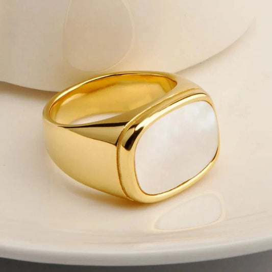 R2164 Punk Gold Plated Stainless Steel Rectangle Shell Finger Rings Titanium Steel White Shell Ring For Women