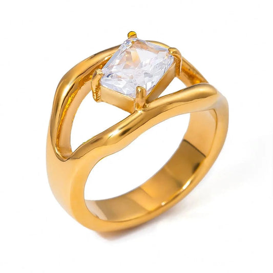 R2420 Double-Layer Hollow Ring 18k Stainless Steel White Rectangular Zircon Stone Rings