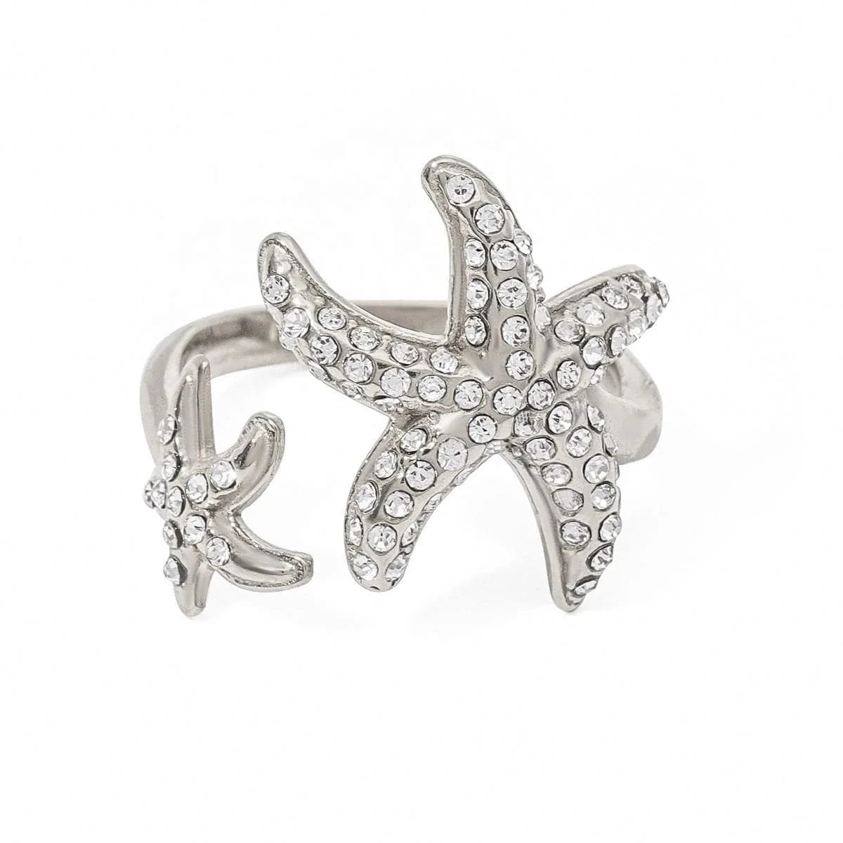 R2496 18K PVD Gold Plated Stainless Steel Searing White Zircon Starfish Ocean Open Ring Jewelry For Women