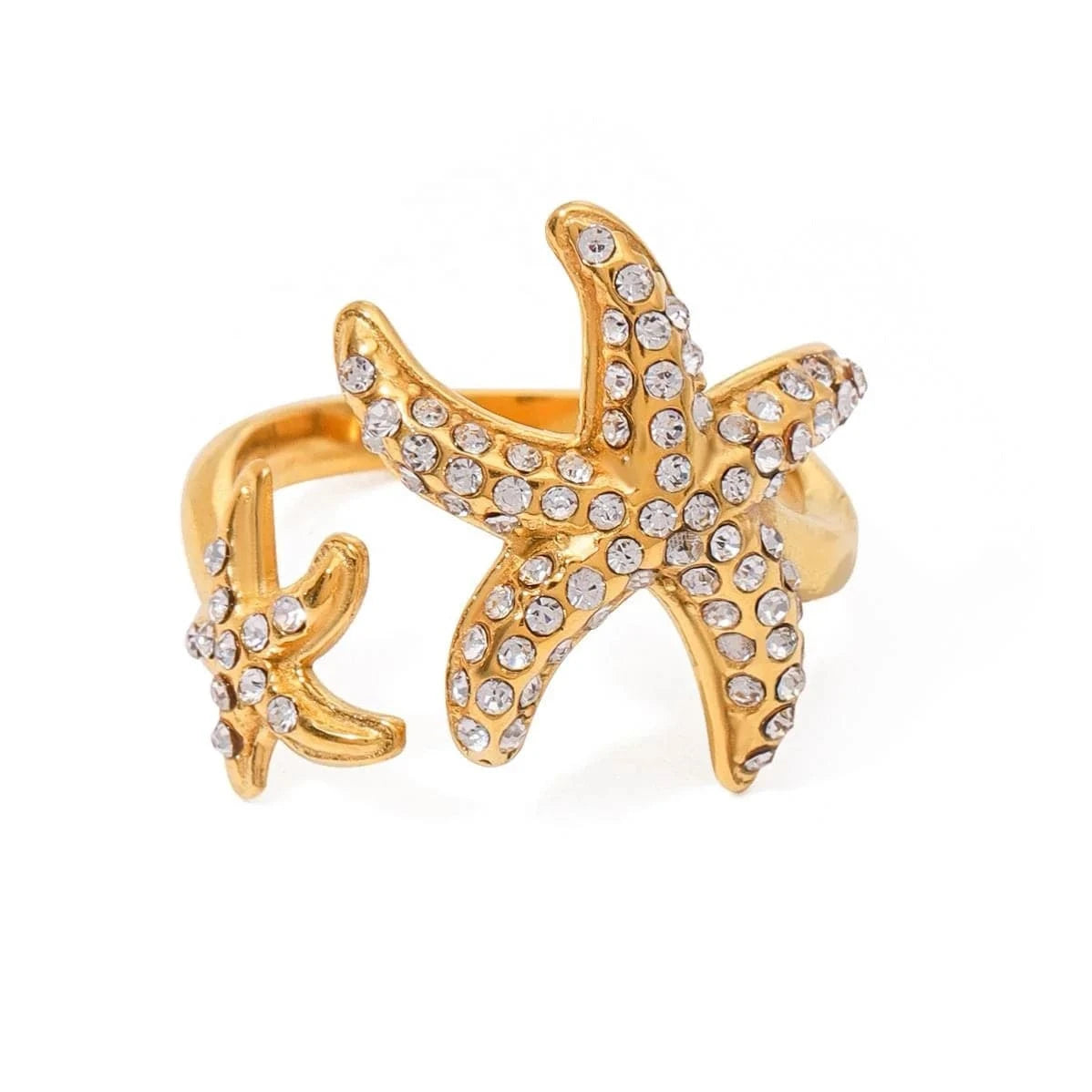 R2496 18K PVD Gold Plated Stainless Steel Searing White Zircon Starfish Ocean Open Ring Jewelry For Women