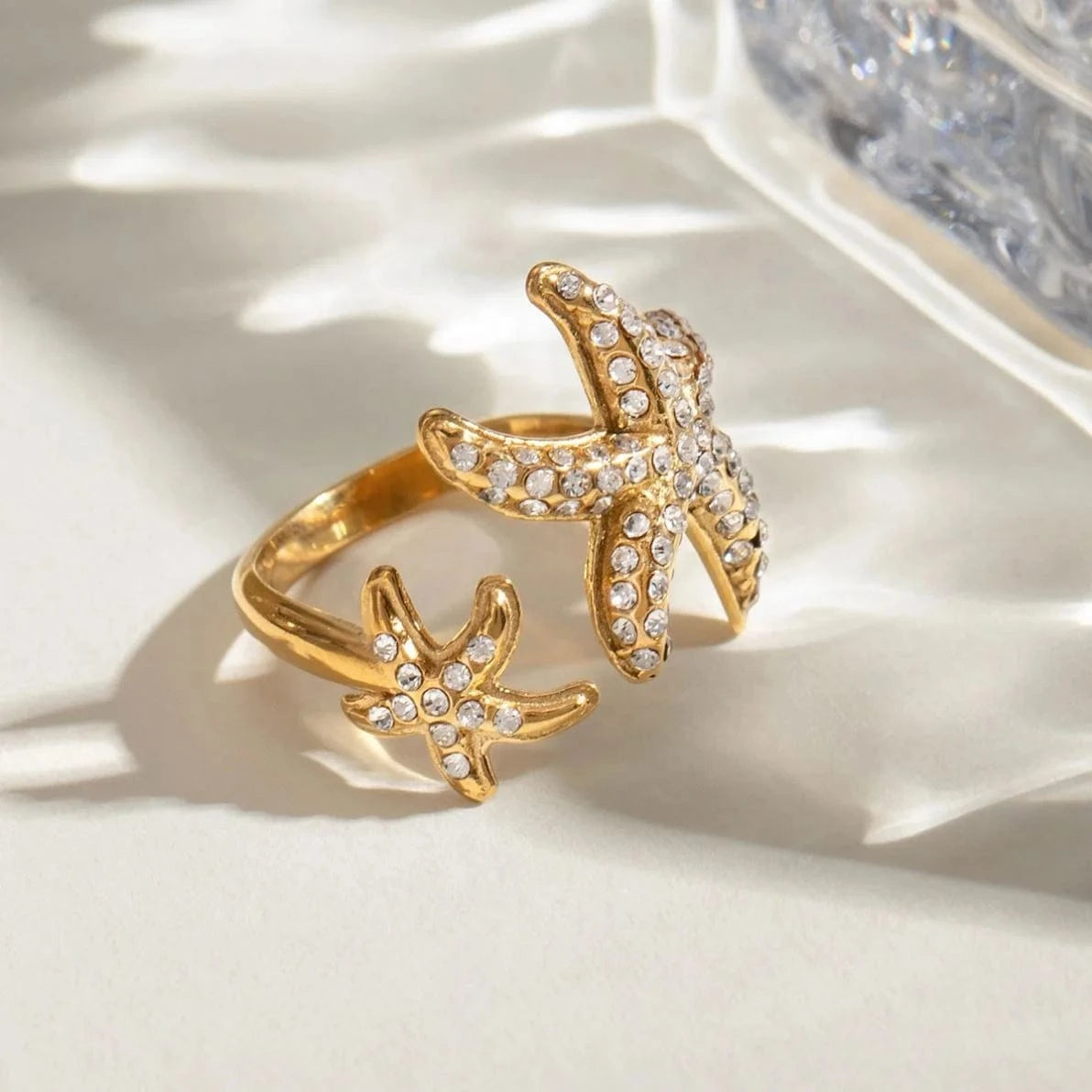R2496 18K PVD Gold Plated Stainless Steel Searing White Zircon Starfish Ocean Open Ring Jewelry For Women