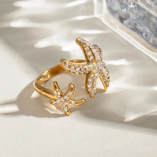 R2496 18K PVD Gold Plated Stainless Steel Searing White Zircon Starfish Ocean Open Ring Jewelry For Women