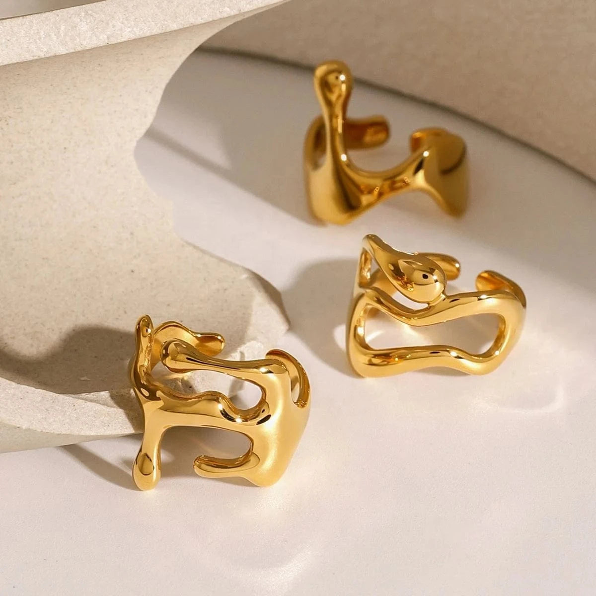 R2498 18K PVD Gold Plated Stainless Steel Liquid Drop OpenTarnish-Free Waterproof Ring Jewelry For Women
