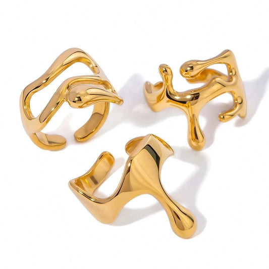 R2498 18K PVD Gold Plated Stainless Steel Liquid Drop OpenTarnish-Free Waterproof Ring Jewelry For Women