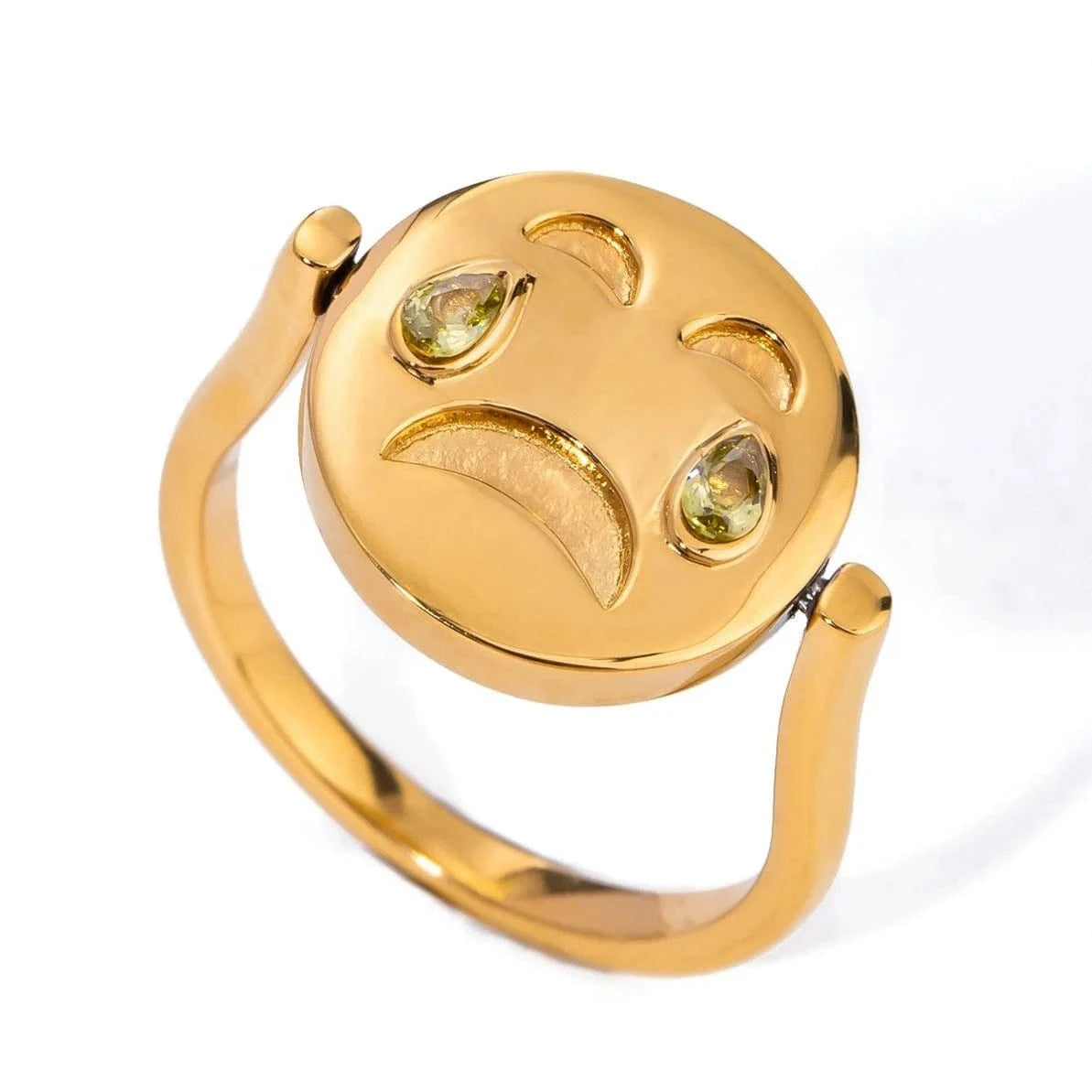 R2500 Funny Cute Stainless Steel 18K Gold Rings Reversible Round Crying Smiley Face Ring With Zirconia