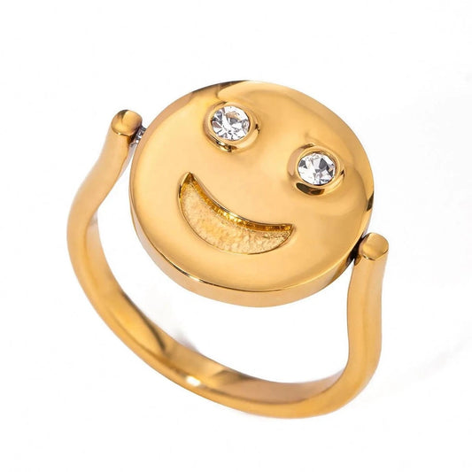 R2500 Funny Cute Stainless Steel 18K Gold Rings Reversible Round Crying Smiley Face Ring With Zirconia