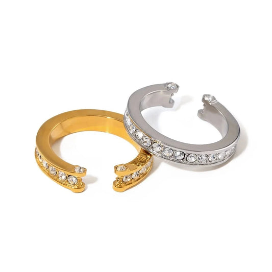 R2525 Simple Wedding Stainless Steel Rings 18K Gold Full Rhinestone Open Rings For Women