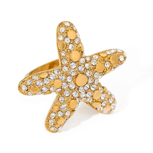 R2527 Luxury Summer Design Waterproof Stainless Steel Rings 18K Gold Starfish Rings With Rhinestones