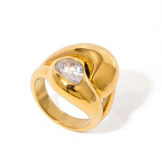 R2557 Luxury Dainty Stainless Steel 18K Gold Rings Chunky Polished Interlaced Water Drop Zirconia Rings