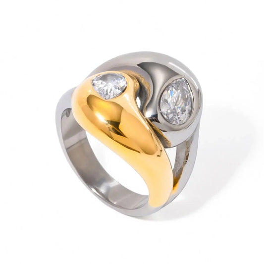 R2558 Luxury Chunky Stainless Steel 18K Gold Rings Polished Interlaced Two Tone Water Drop Zirconia Rings