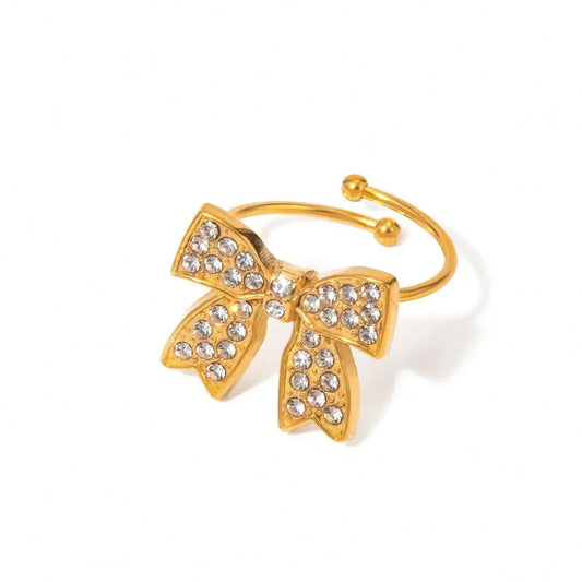 R2608 Design 18K PVD Gold  Steel High Pave Knot Bow Ring Earrings for Women