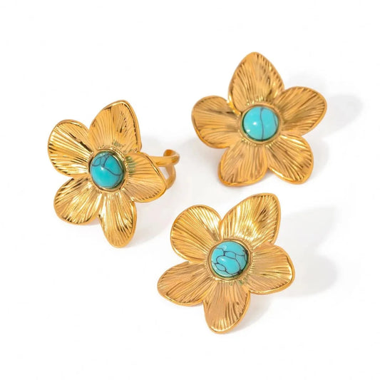 R2613 18K Gold Plated Stainless Steel Butterfly Flower Adhered White Glass Pearl Open Ring