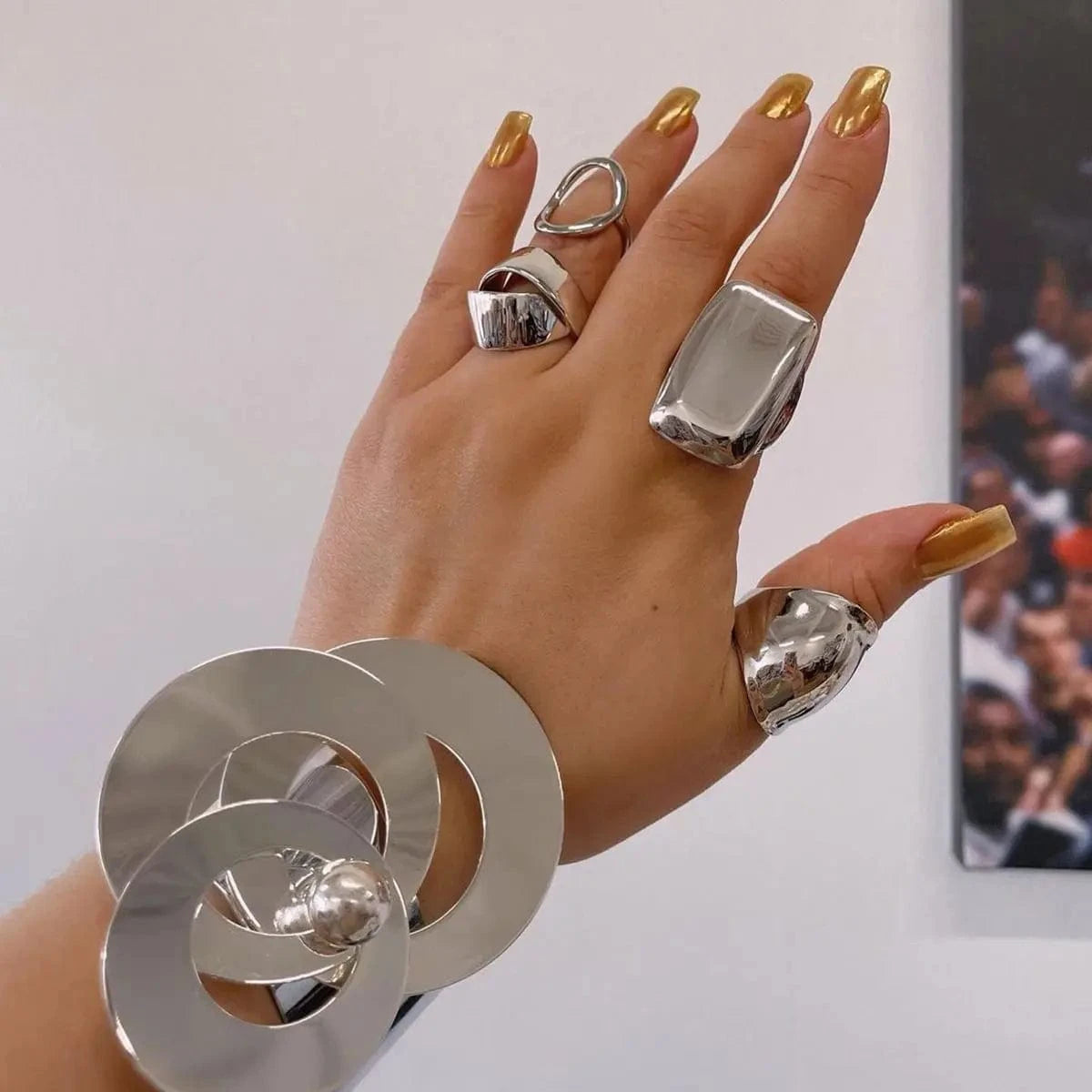 R2634 Minimalist Stainless Steel 18K Gold Rings Jewelry Women Rectangular Glossy Chunky Open Rings