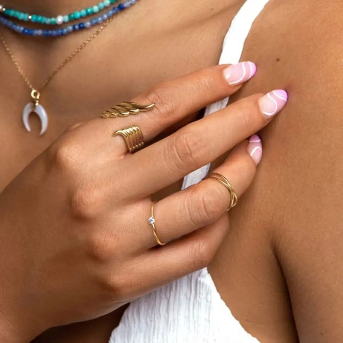 R2646 Designer Stainless Steel Rings Fashion Jewelry Women 18K Gold Plated Wing Open Ring