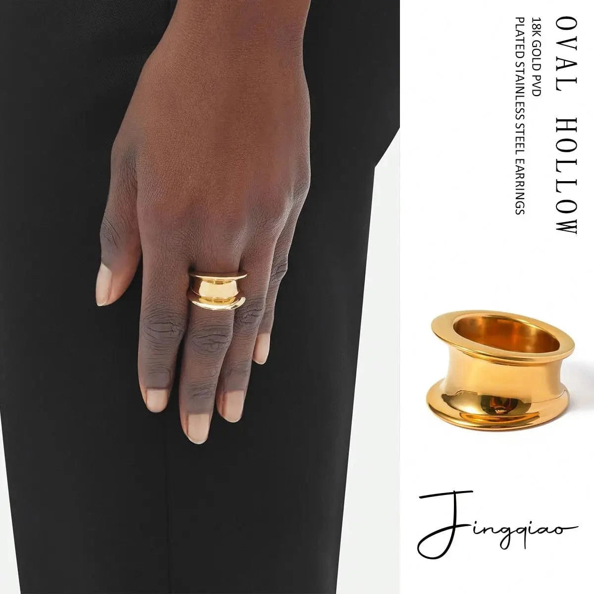 R2680 Waterproof 18K Gold Plated Wide  Rings Stainless Steel Smooth Cylinder Finger Ring for Girls Over Size