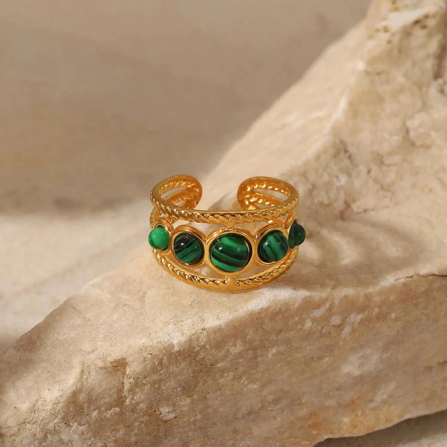 R2820 Ins Popular 18K Gold Plated Snake Green Stone Cross Ring Stainless Steel Layer Emerald Open Rings