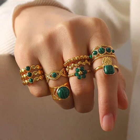 R2820 Ins Popular 18K Gold Plated Snake Green Stone Cross Ring Stainless Steel Layer Emerald Open Rings