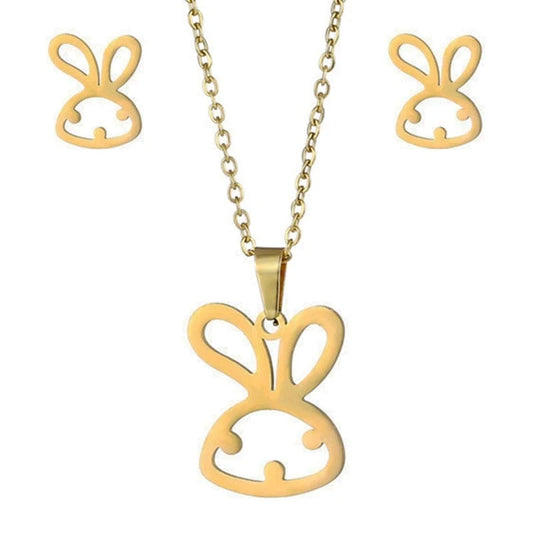 rabbit / Gold New Fashion Glossy Cute Rabbit Pendant Women's Necklace Earrings Set Personality Sweater Chain Lovely Jewelry for Women Girls