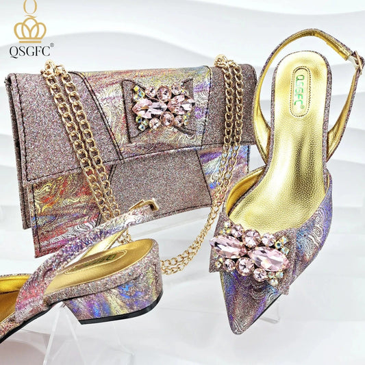 RAINBOW / 42 Italian Design Elegant Evening Shoes And Bag Set African Crystal Comfortable Shoes And Capacity Bag Commuter Women's Shoes