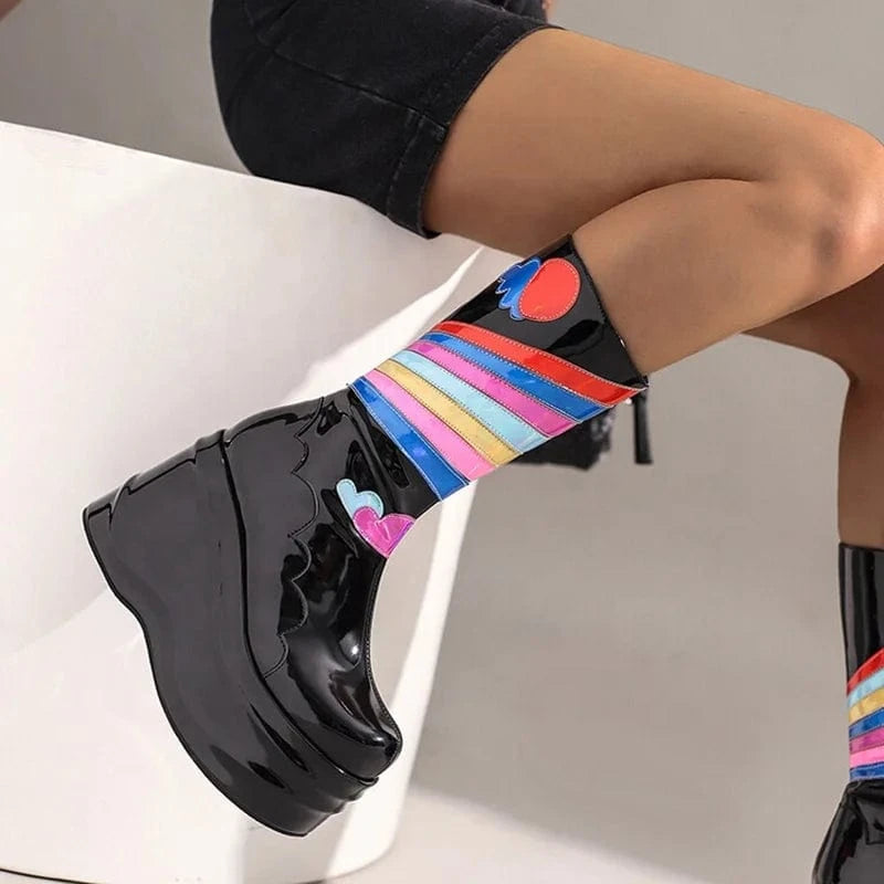 Rainbow Color Print Fashion Side Zip Short Booty Round Toe Thick Heel Shoes Wedges Women Half Knee High Boots Black Size 44