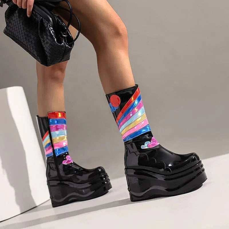 Rainbow Color Print Fashion Side Zip Short Booty Round Toe Thick Heel Shoes Wedges Women Half Knee High Boots Black Size 44