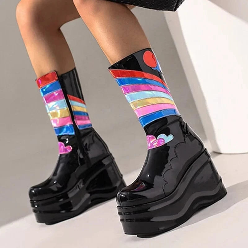 Rainbow Color Print Fashion Side Zip Short Booty Round Toe Thick Heel Shoes Wedges Women Half Knee High Boots Black Size 44
