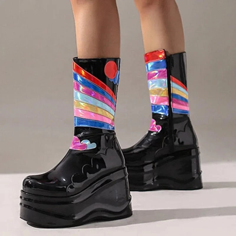 Rainbow Color Print Fashion Side Zip Short Booty Round Toe Thick Heel Shoes Wedges Women Half Knee High Boots Black Size 44