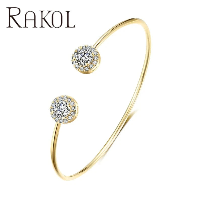 RAKOL BP2195 New 2023 18k Gold Plated CZ Crystal Round Zircon Cuff Bangle Bracelet Wedding Dubai Gold Bangle For Women Bridal