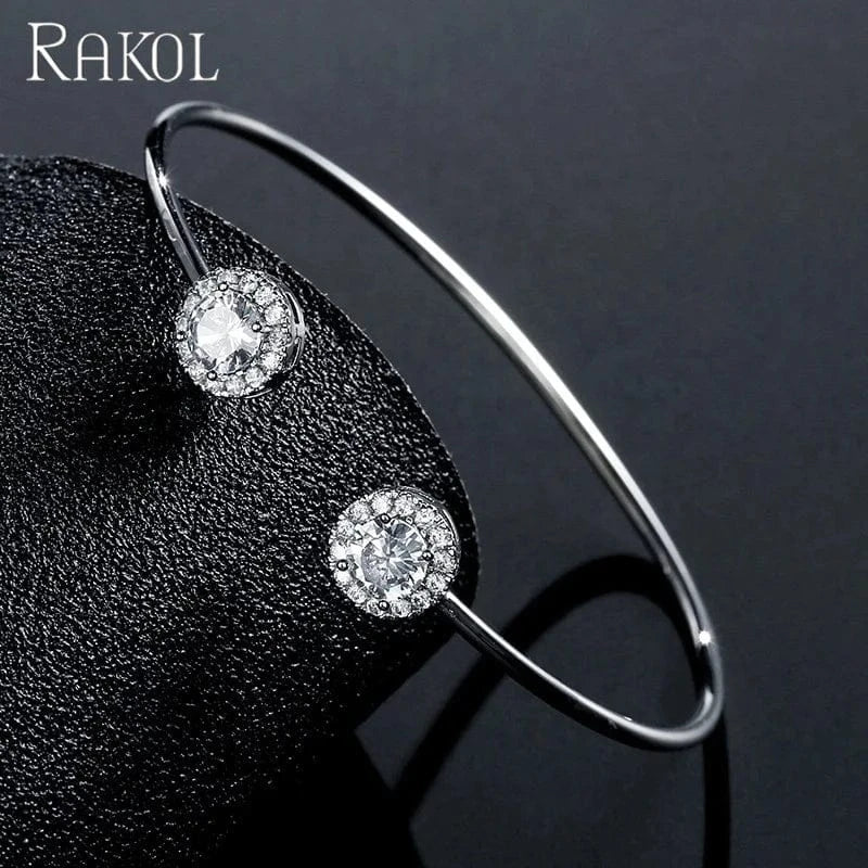 RAKOL BP2195 New 2023 18k Gold Plated CZ Crystal Round Zircon Cuff Bangle Bracelet Wedding Dubai Gold Bangle For Women Bridal