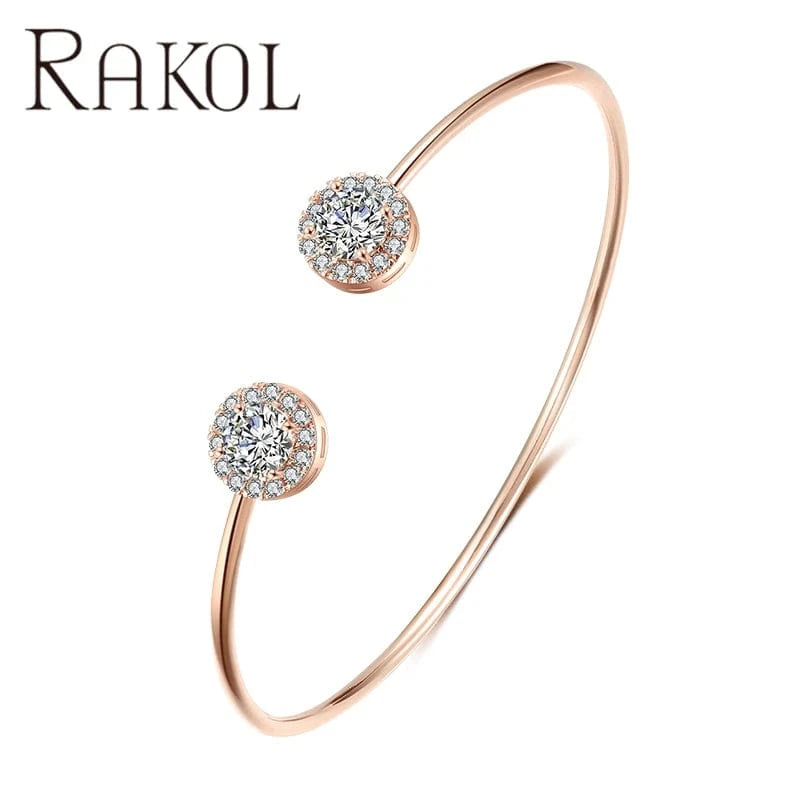 RAKOL BP2195 New 2023 18k Gold Plated CZ Crystal Round Zircon Cuff Bangle Bracelet Wedding Dubai Gold Bangle For Women Bridal