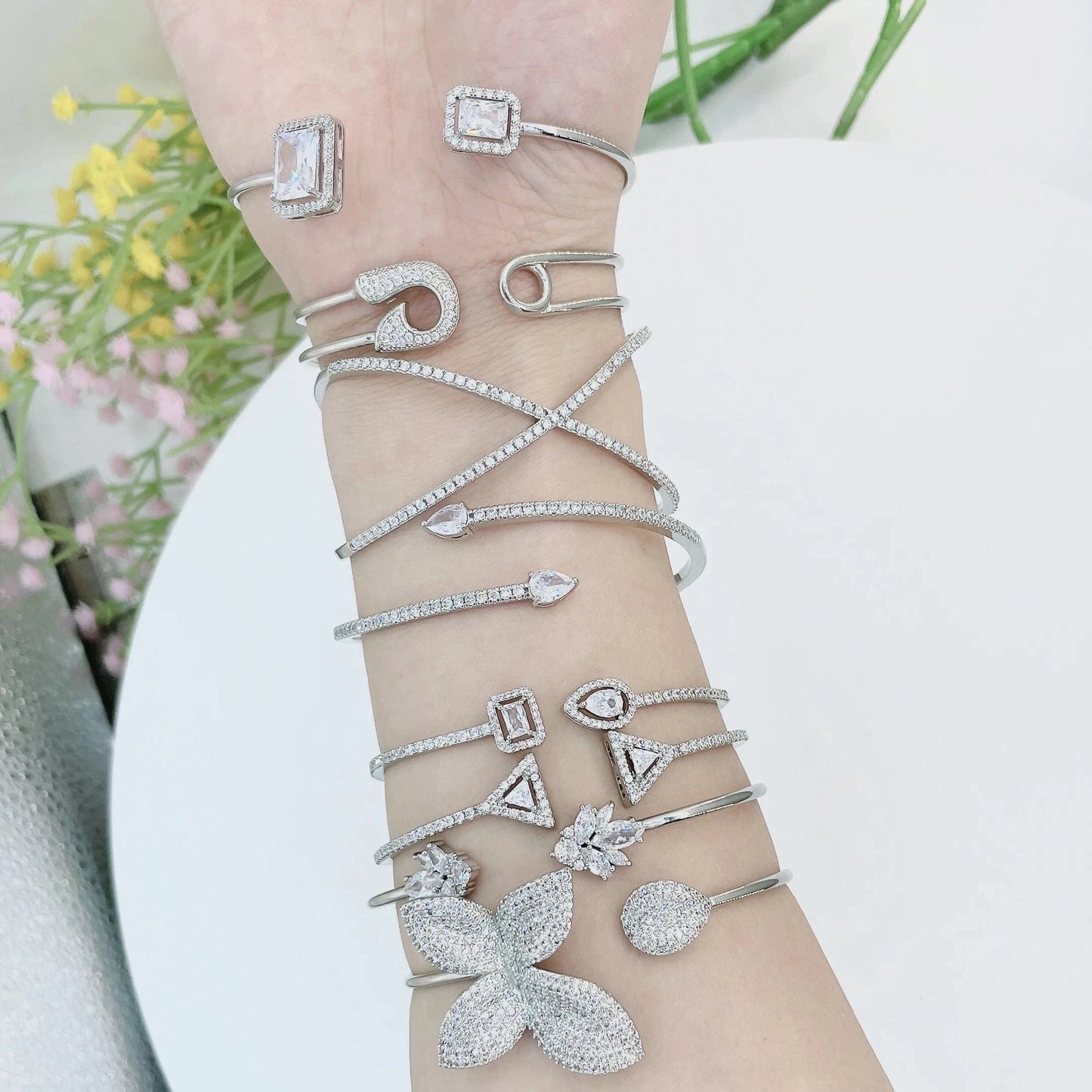 RAKOL  BP2218  wholesale  minimalist gold plated colour gemstone cubic zirconia tennis bangle bracelets women